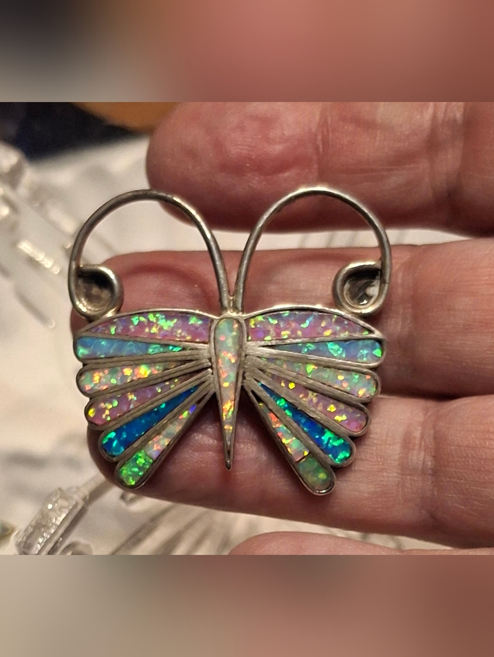 Native Zuni SIGNED Opal Butterfly Pendant Necklace - Iridescent Blue & Pink